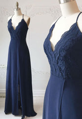 Blue Chiffon Lace Long Prom Dresses, Blue A-Line Evening Dresses