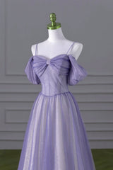 Lovely A-line Light Purple Tulle Beaded Long Party Dresses, Light Purple Prom Dresses