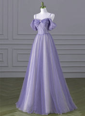 Lovely A-line Light Purple Tulle Beaded Long Party Dresses, Light Purple Prom Dresses