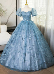 Lovely Blue Short Sleeves Long Party Dresses With Butterfly Lace, Blue Prom Dresses