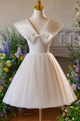 Lovely Champagne Knee Length Prom Dresses, A-Line V-Neck Bow Sleeveless Backless Party Dresses