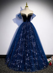 Lovely Navy Blue Tulle Off Shoulder Beaded Long Party Dresses, Navy Blue Tulle Prom Dresses