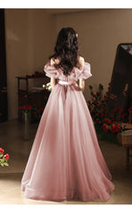 Lovely Pink Tulle Off Shoulder A-line Party Dresses, Pink Tulle Long Prom Dresses