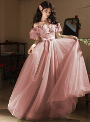 Lovely Pink Tulle Off Shoulder A-line Party Dresses, Pink Tulle Long Prom Dresses