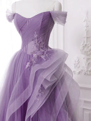 Lovely Purple A-line Tulle with Lace Applique Prom Dresses, Purple Long Formal Dresses