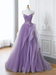 Lovely Purple A-line Tulle with Lace Applique Prom Dresses, Purple Long Formal Dresses