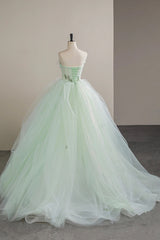 Lovely Sweetheart Neckline Tulle Long Prom Dresses with Lace, Green Strapless Evening Dresses