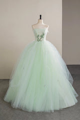 Lovely Sweetheart Neckline Tulle Long Prom Dresses with Lace, Green Strapless Evening Dresses