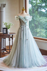 Lovely Tulle Floor Length Green Party Dresses, Off the Shoulder A-Line Evening Dresses