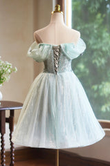 Lovely Tulle Knee Length Green Party Dresses, Off the Shoulder A-Line Evening Dresses