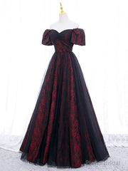 Black Tulle A-Line Prom Dress with Rose Print, Black Off Shoulder Evening Party Dress
