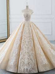 Luxurious Champagne Ball Gown Tulle Lace Appliques Backless High Neck Wedding Dress