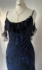 Luxurious Navy Blue Chiffon Beaded Evening Dresses Formal Party Prom Dresses