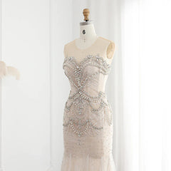 Luxury Mermaid Crystal Pearls Nude Tulle Long Prom Dress