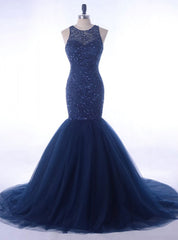 Luxury Rhinestone Evening Gown Beading Navy Blue Women Formal Party Dress