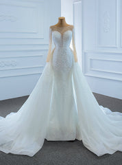 Luxury White Mermaid Tulle Long Sleeve Hand Work Pearls Wedding Dresses