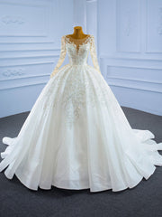 Luxury White Tulle Sequins Long Sleeve Beading Wedding Dresses