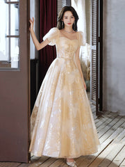 Champagne Tulle Floor Length Prom Dresses, Cute Short Sleeve Evening Dresses