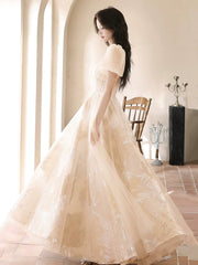 Champagne Tulle Floor Length Prom Dresses, Cute Short Sleeve Evening Dresses