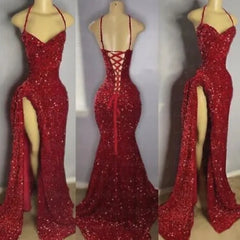 Red Sequin Halter Evening Gown