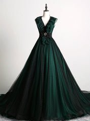 Make Your Prom a Dream Dark Green Ball Gown Tulle V-neck Backless Quinceanera Dresses With Train