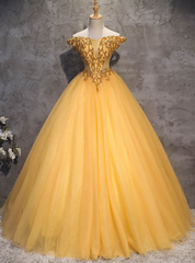 Make Your Prom a Dream Gold Ball Gown Tulle Off the Shoulder Beading Quinceanera Dresses