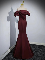 Maroon Satin Mermaid Off Shoulder Prom Dresses, Maroon Party Dresses