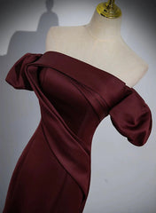 Maroon Satin Mermaid Off Shoulder Prom Dresses, Maroon Party Dresses