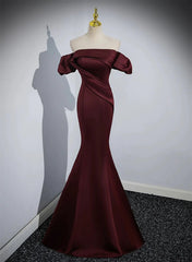 Maroon Satin Mermaid Off Shoulder Prom Dresses, Maroon Party Dresses