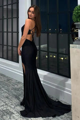 Mermaid Black Halter Long Prom Dress with Slit