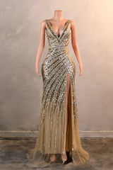 Mermaid Deep V Neck Golden Long Prom Dress with Silt