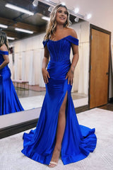 Mermaid Off the Shoulder Satin Prom Dress with Slit