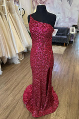 Mermaid One Shoulder Burgundy Sequins Long Prom Dress with Split Front