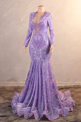 Mermaid Prom Dresses High Neck Long Sleeve Purple Sparkly Sequin Mermaid Long Evening Dresses