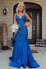 Mermaid Royal Blue Backless Long Prom Dress Evening Dress