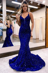 Mermaid Royal Blue Spaghetti Straps Sequins Long Prom Dress