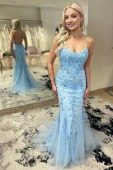 Mermaid Scoop Appliqued Prom Dress with Lace up Back