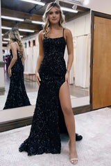 Mermaid Scoop Neck Sequins Prom Dress with Slit