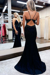 Mermaid Spaghetti Straps Beaded Satin Prom Dress