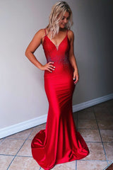 Mermaid Spaghetti Straps Beaded Satin Prom Dress