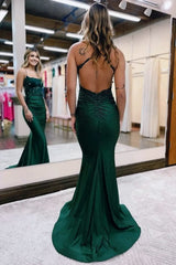 Mermaid Spaghetti Straps Dark Green Long Prom Dress with Appliques