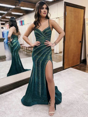 Mermaid Spaghetti Straps Glitter Mermaid Dress with Slit