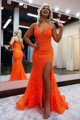 Mermaid Spaghetti Straps Sequined Lace Prom Dress