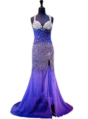 Mermaid Sweetheart Beaded Crystals Backless High Slit Dark Purple Prom Dress