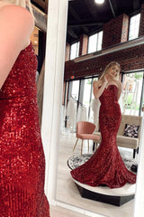 Mermaid Sweetheart Burgundy Sequins Long Prom Dress with Sweep Train