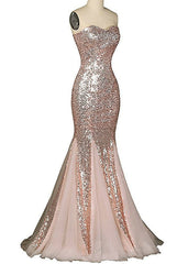 Mermaid Sweetheart Sequins Tulle Floor Length Prom Dresses