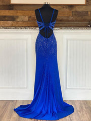 Mermaid V Neck Beaded Jersey Prom Dress with Slit