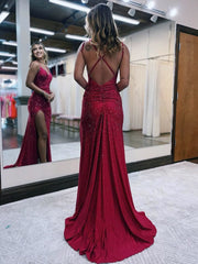 Mermaid V Neck Glitter Jersey Long Prom Dress with Slit