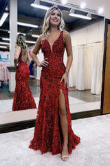 Mermaid V Neck Sequined Lace Prom Dress with Slit