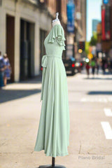 Mint Green Sheath Floor Length Short Sleeves V-Neck Chiffon Bridesmaid Dresses